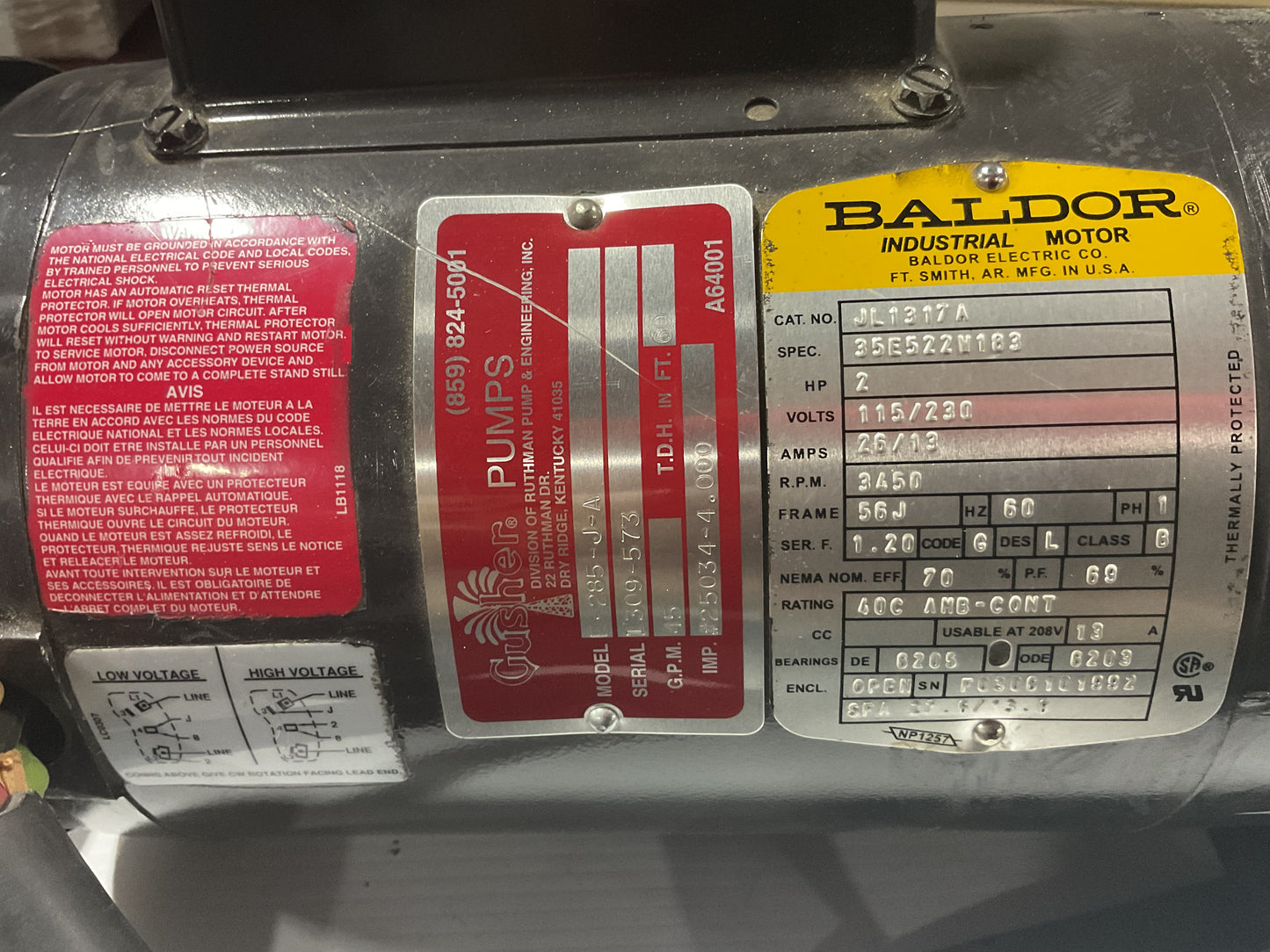 GUSHER PUMP E-285-J-A 2HP 1PH + BALDOR MOTOR -PREOWNED