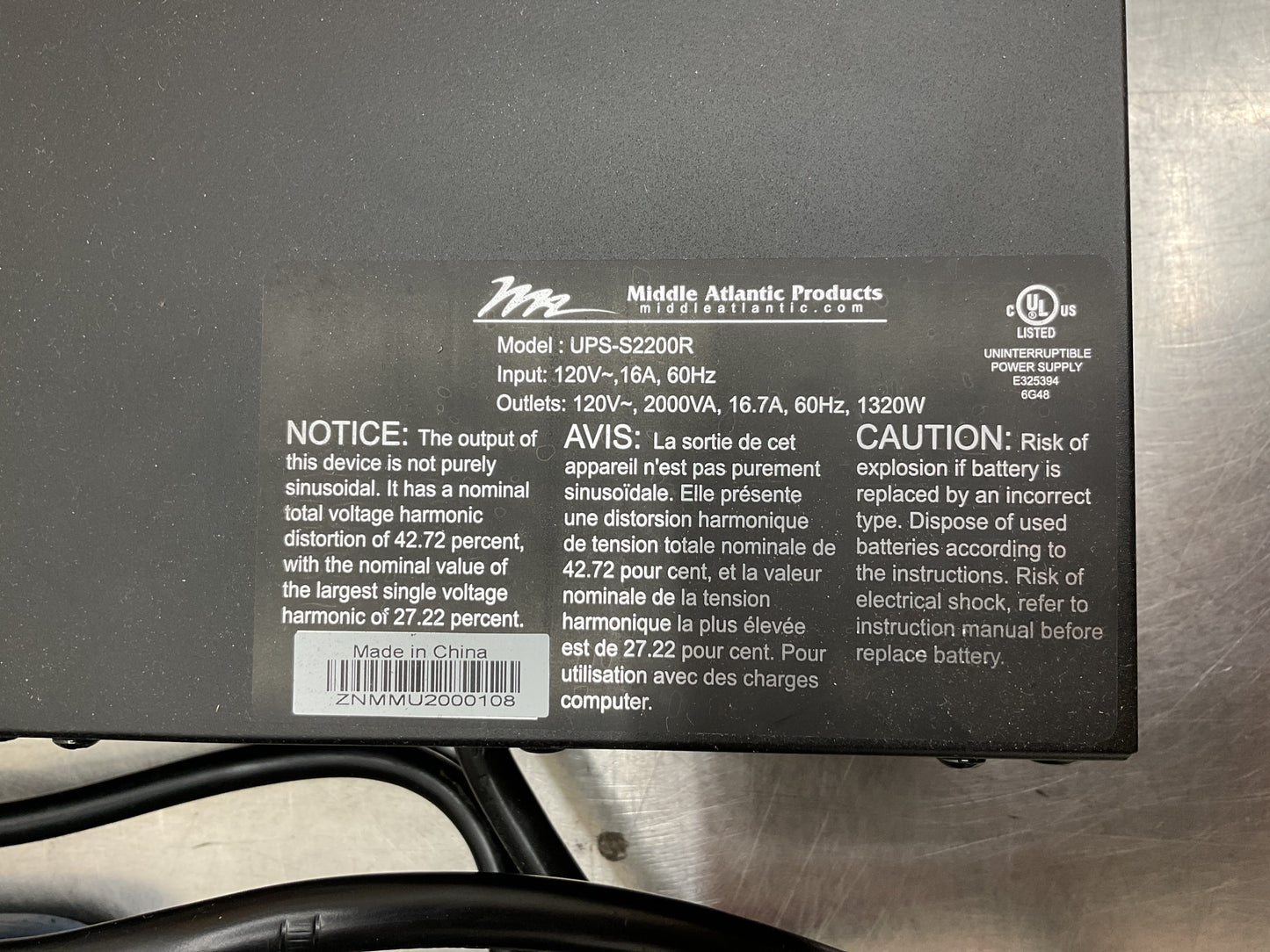 MIDDLE ATLANTIC UPS BACKUP POWER UPS-S2200-R - NEW NO BOX