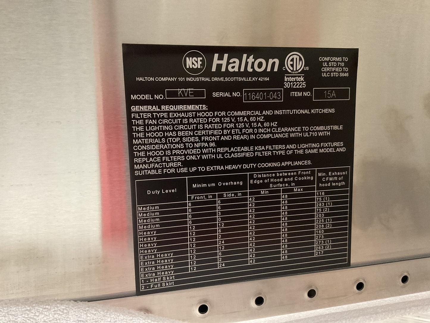 HALTON COMMERCIAL KITCHEN EXHAUST HOOD CAPTURE JET KVE-22 #15A- NEW