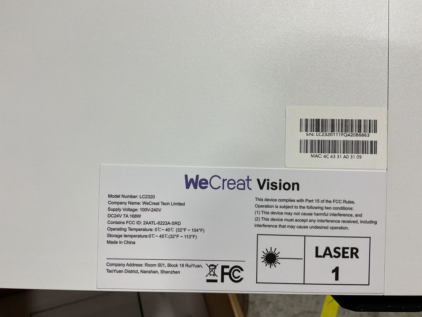 WECRETE VISION LASER ENGRAVING CUTTING 20W LC2320 - NEW