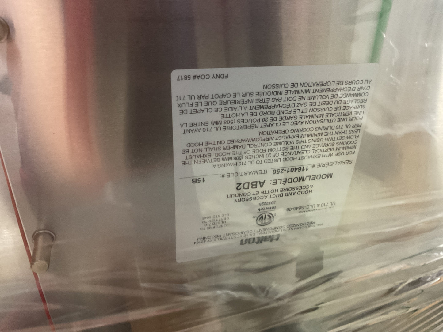 HALTON COMMERCIAL KITCHEN EXHAUST HOOD CAPTURE JET KVE-22 15B - NEW