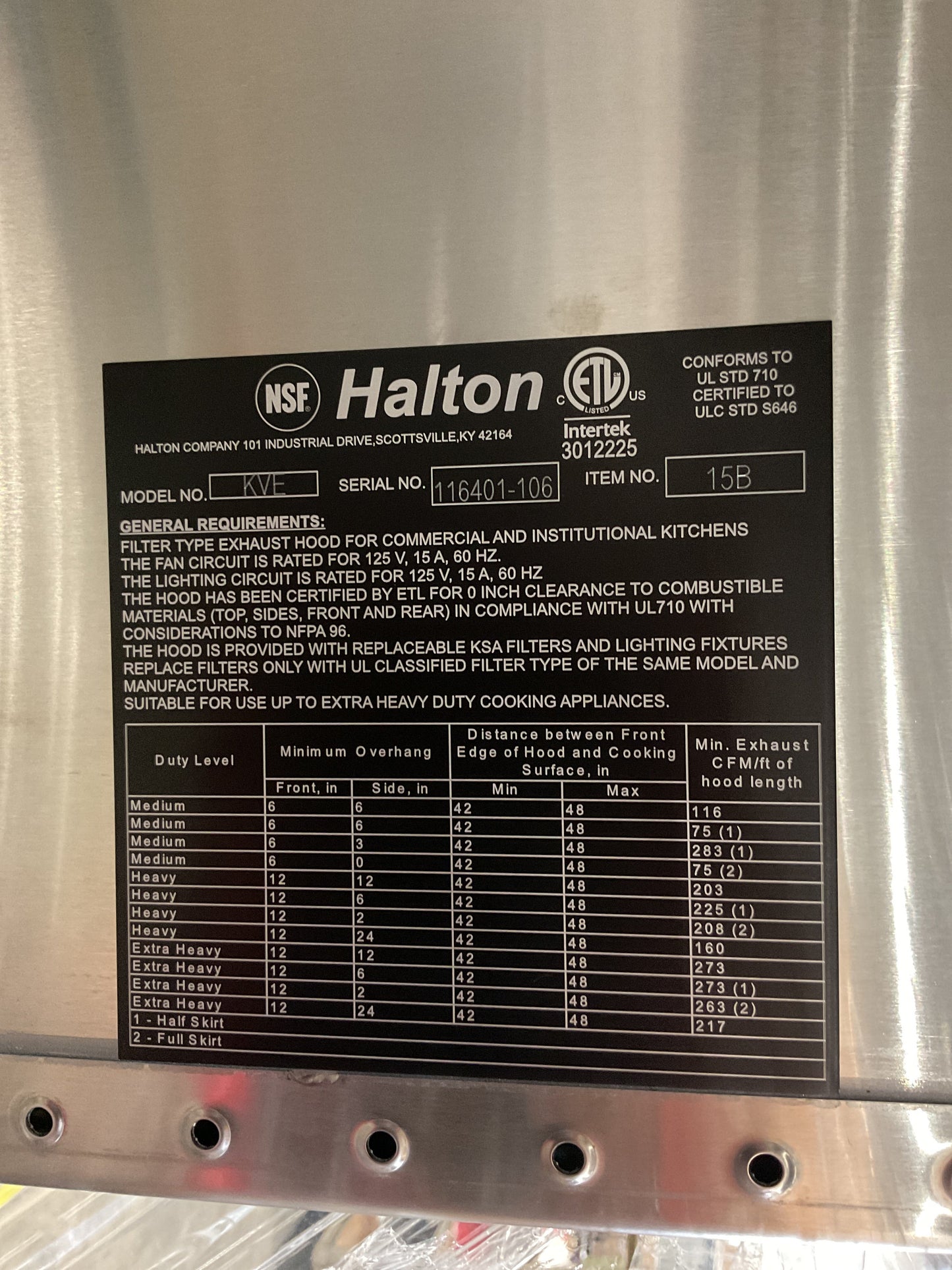 HALTON COMMERCIAL KITCHEN EXHAUST HOOD CAPTURE JET KVE-22 15B - NEW