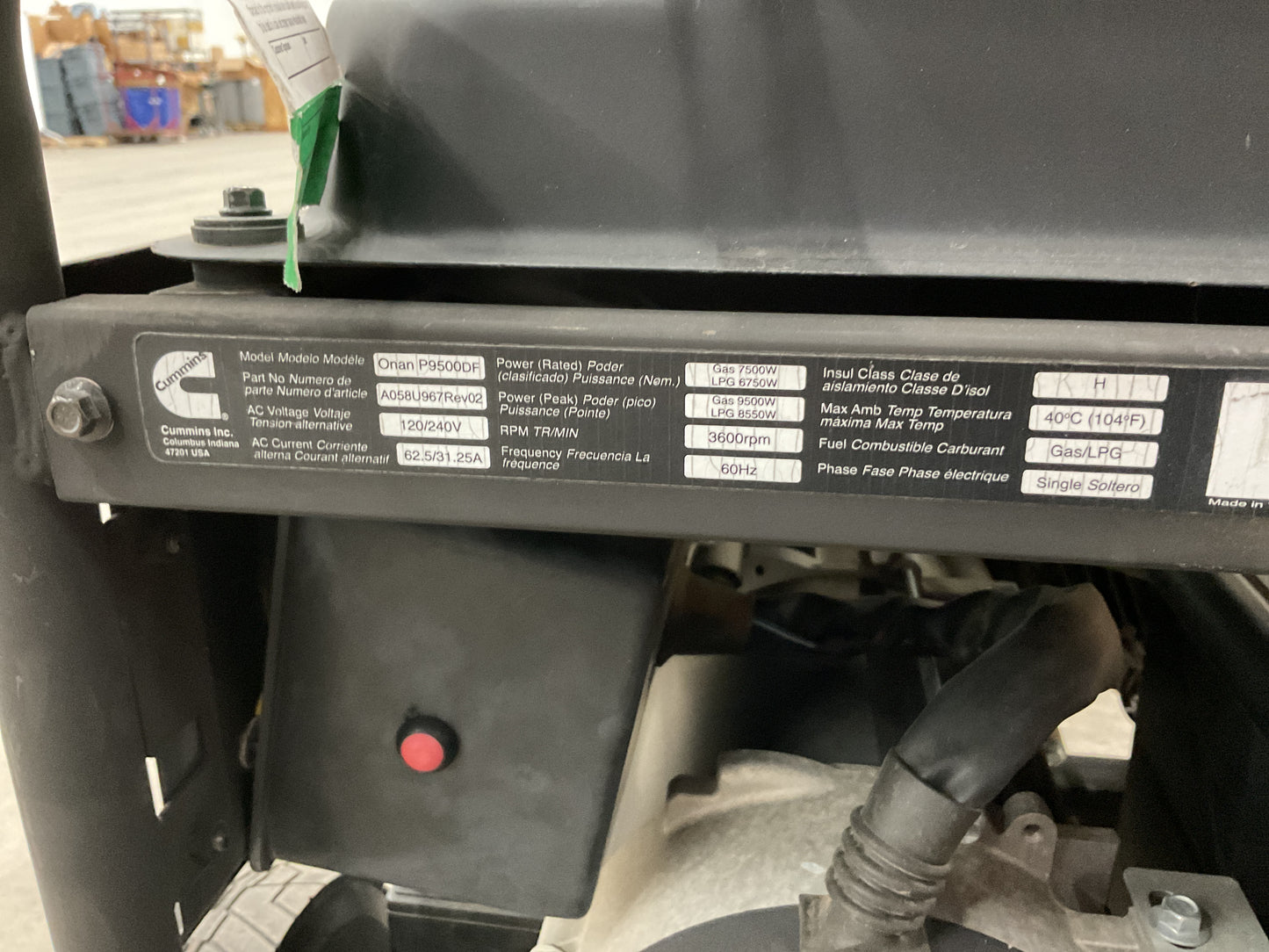 CUMMINS PUSH BUTTON ELECTRIC START GAS/PROPANE GENERATOR 9500W ONAN P9500DF -PREOWNED