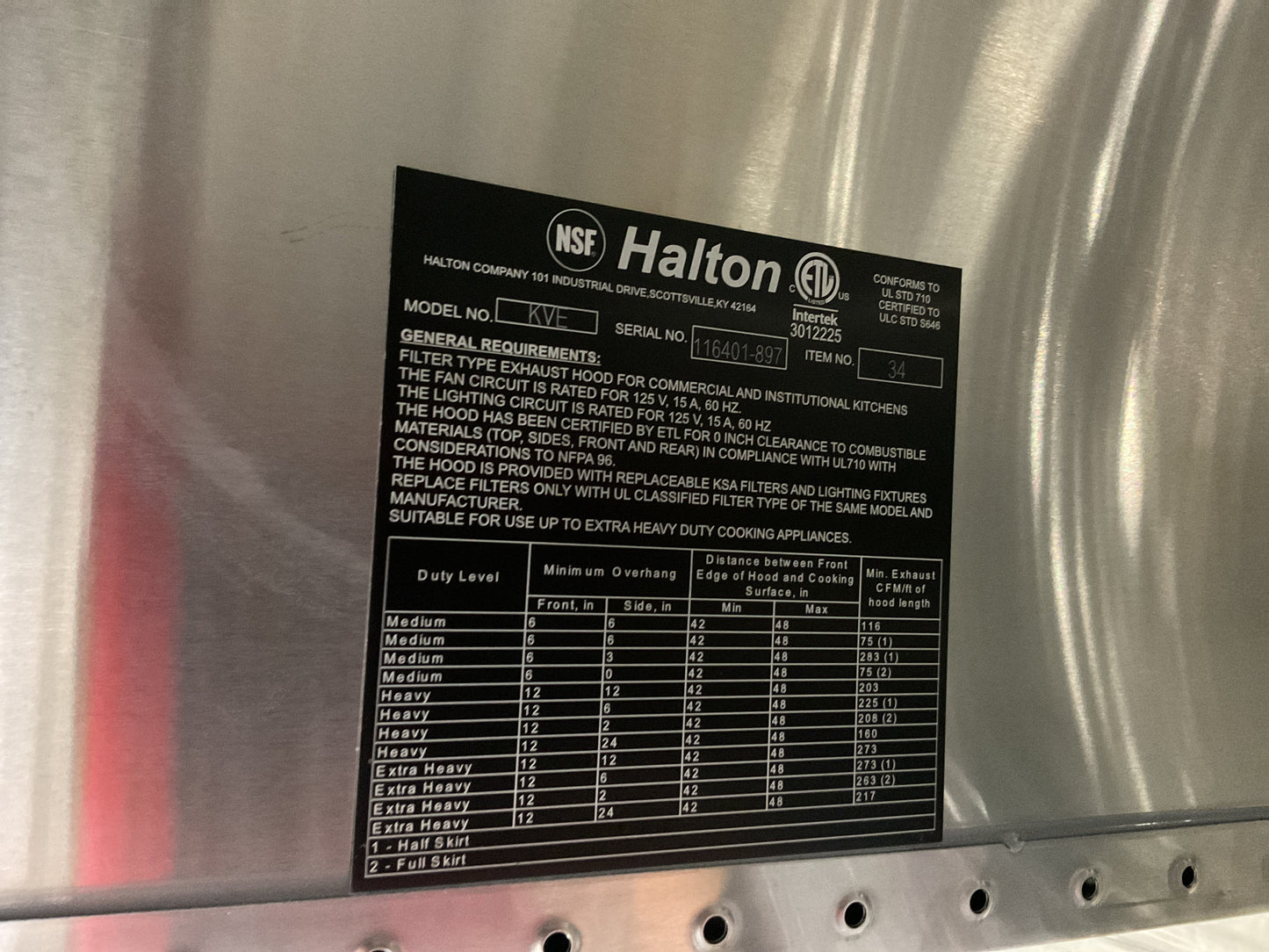 HALTON COMMERCIAL KITCHEN EXHAUST HOOD CAPTURE JET KVE-22 #34 - NEW