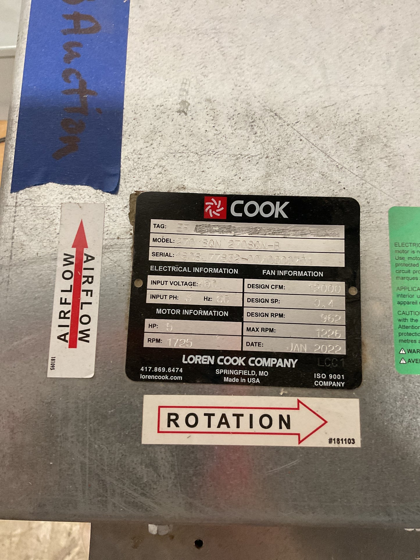 LOREN COOK CENTRIFUGAL EXHAUST FAN 270SQN-B 460V CFM 12000 - NEW