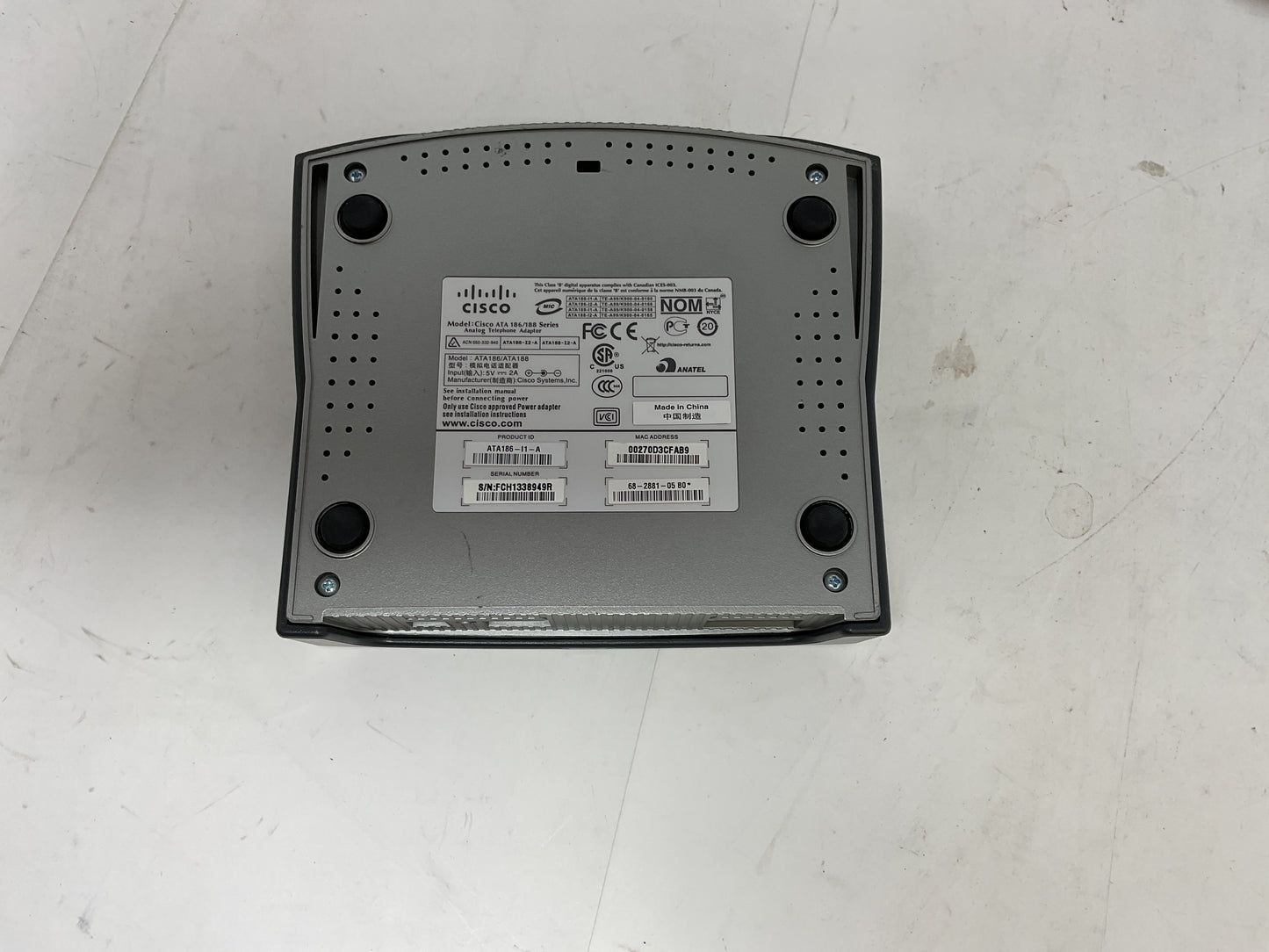 CISCO ANALOG TELEPHONE ADAPTER ATA186 - PREOWNED