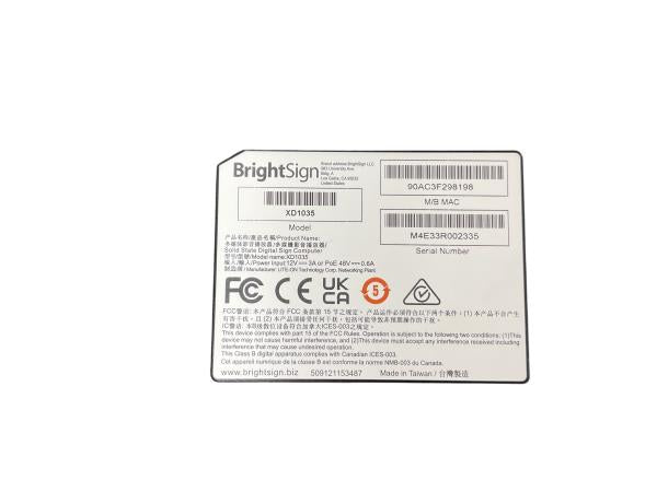 BRIGHTSIGN XD1035 SOLID STATE DIGITAL SIGN COMPUTER -NEW