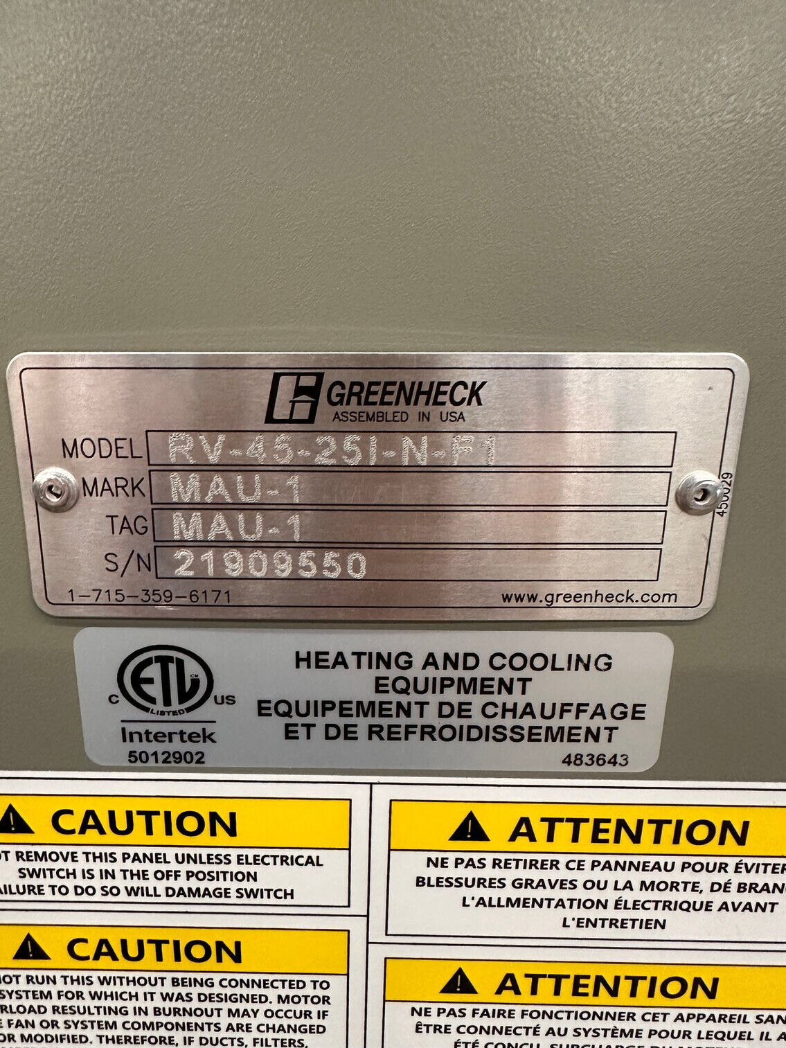 GREENHECK MODEL RV-45-251-N-F1 DEDICATED OUTDOOR AIR CONDITIONING UNIT - NEW