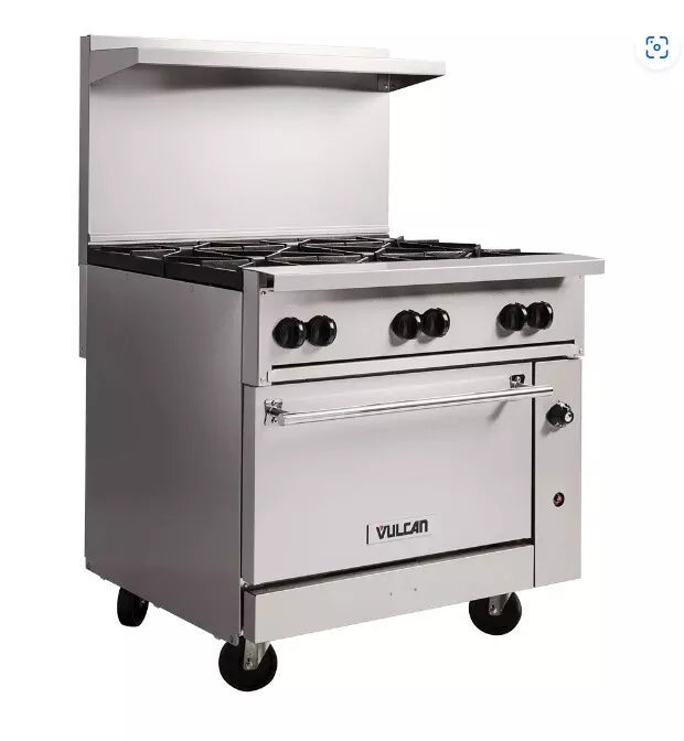 Vulcan NEW 36CF-6BN Large Commercial Gas Stove with Oven, 6 Open Top Burners and Cast Iron Grates