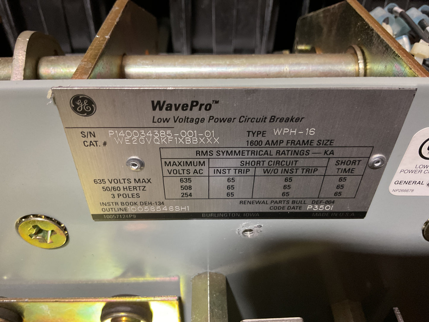 GE WAVE PRO BREAKER 1600A WPH-16 WE2GVQKF1XBBXX - NOS