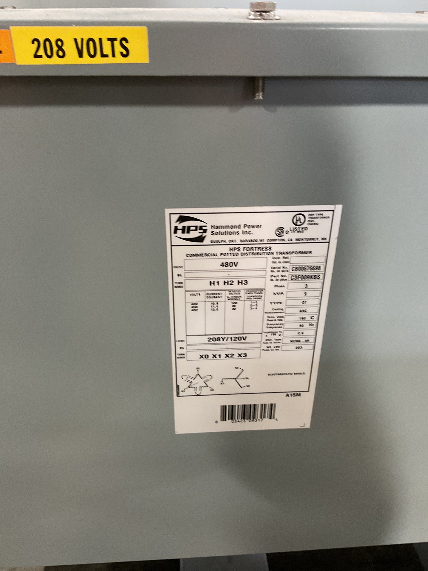 HAMMOND POWER SOLUTION THREE PHASE DRY TYPE TRANSFORMER 45KVA 480V SYSTEM -PREOWNED SURPLUS