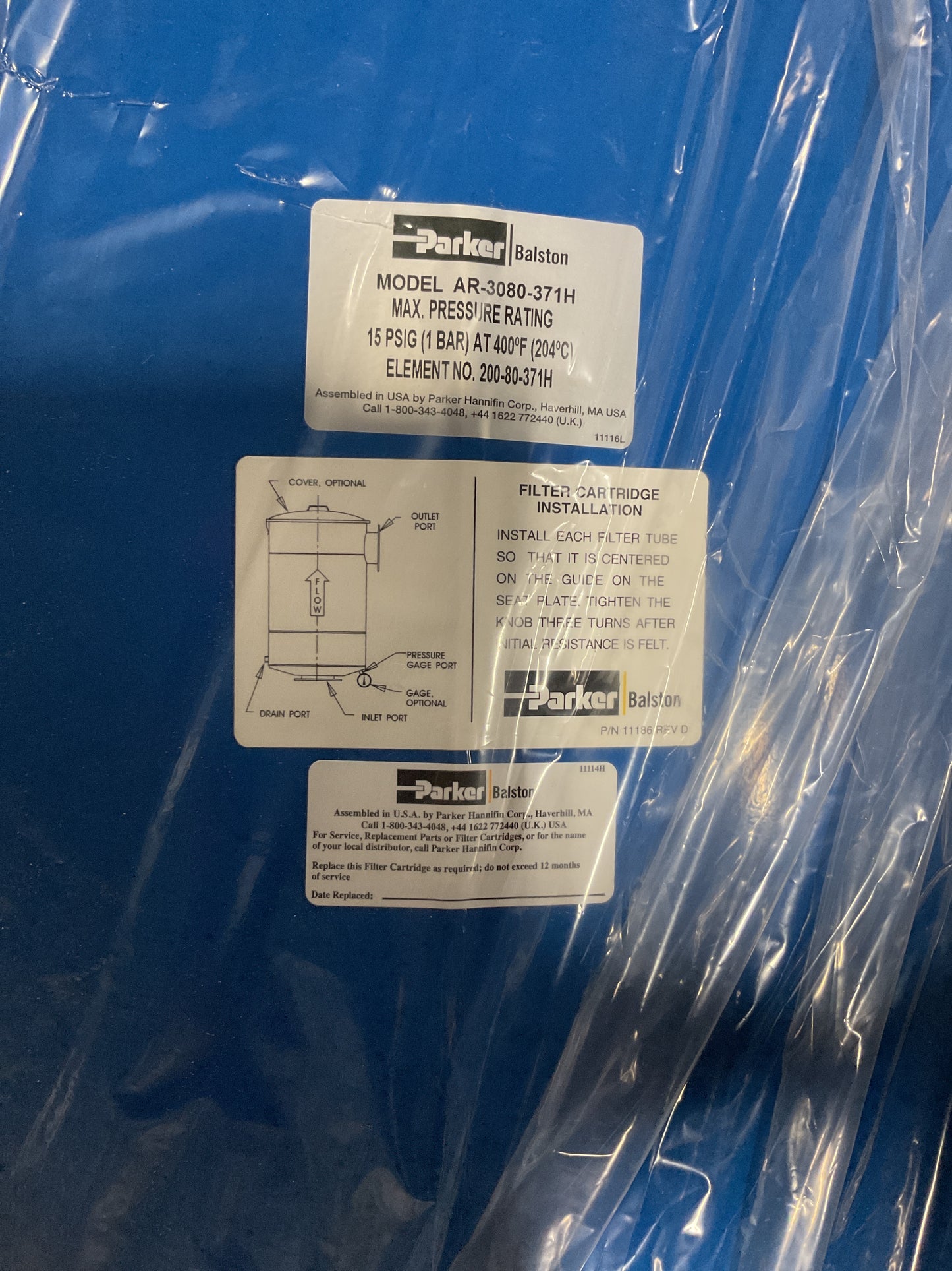 PARKER VACUUM PUMP FILTER AR-3080-371H 15PSIG - NEW