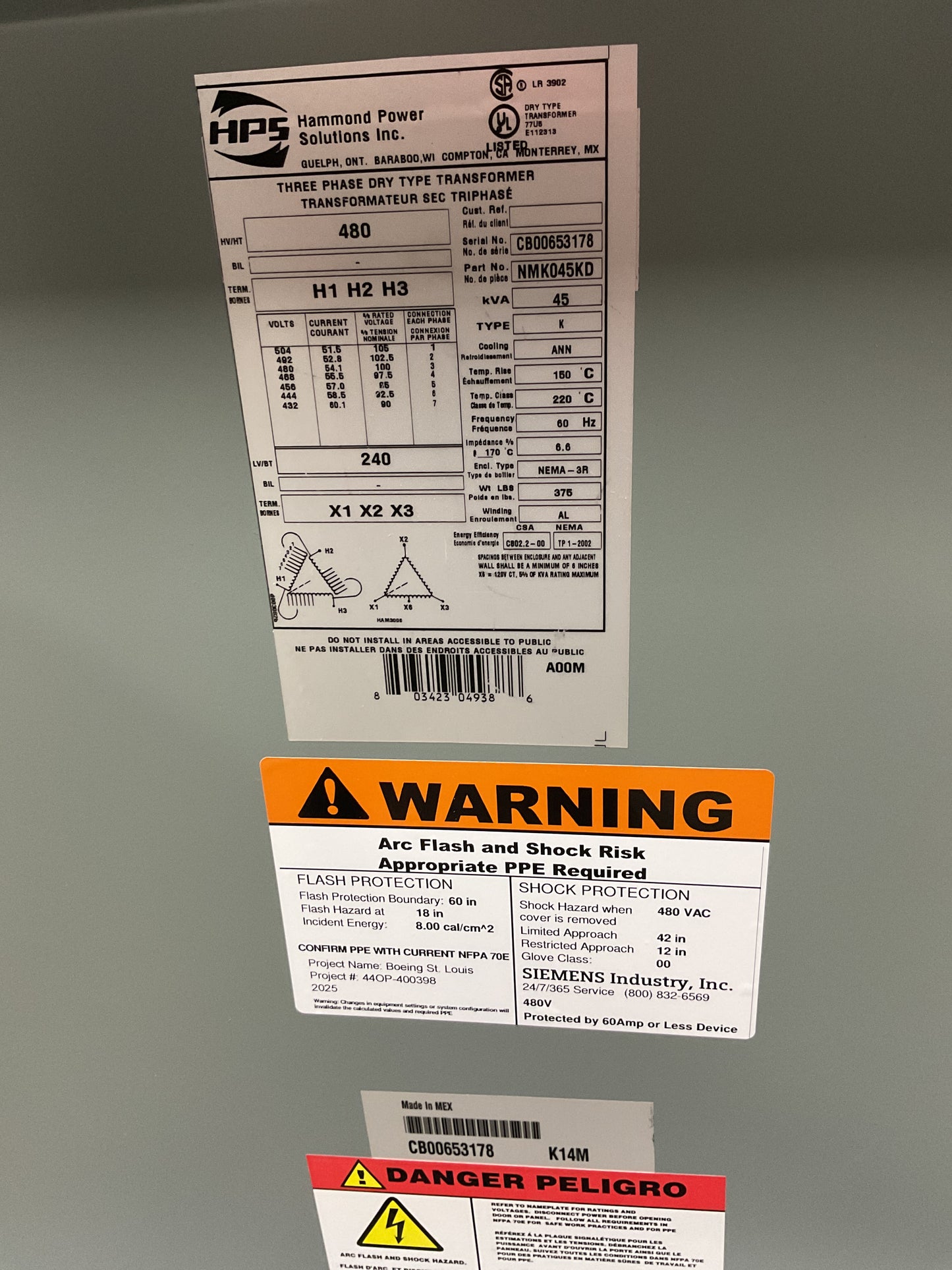 HAMMOND POWER SOLUTION THREE PHASE DRY TYPE TRANSFORMER 45KVA 480V SYSTEM -PREOWNED SURPLUS