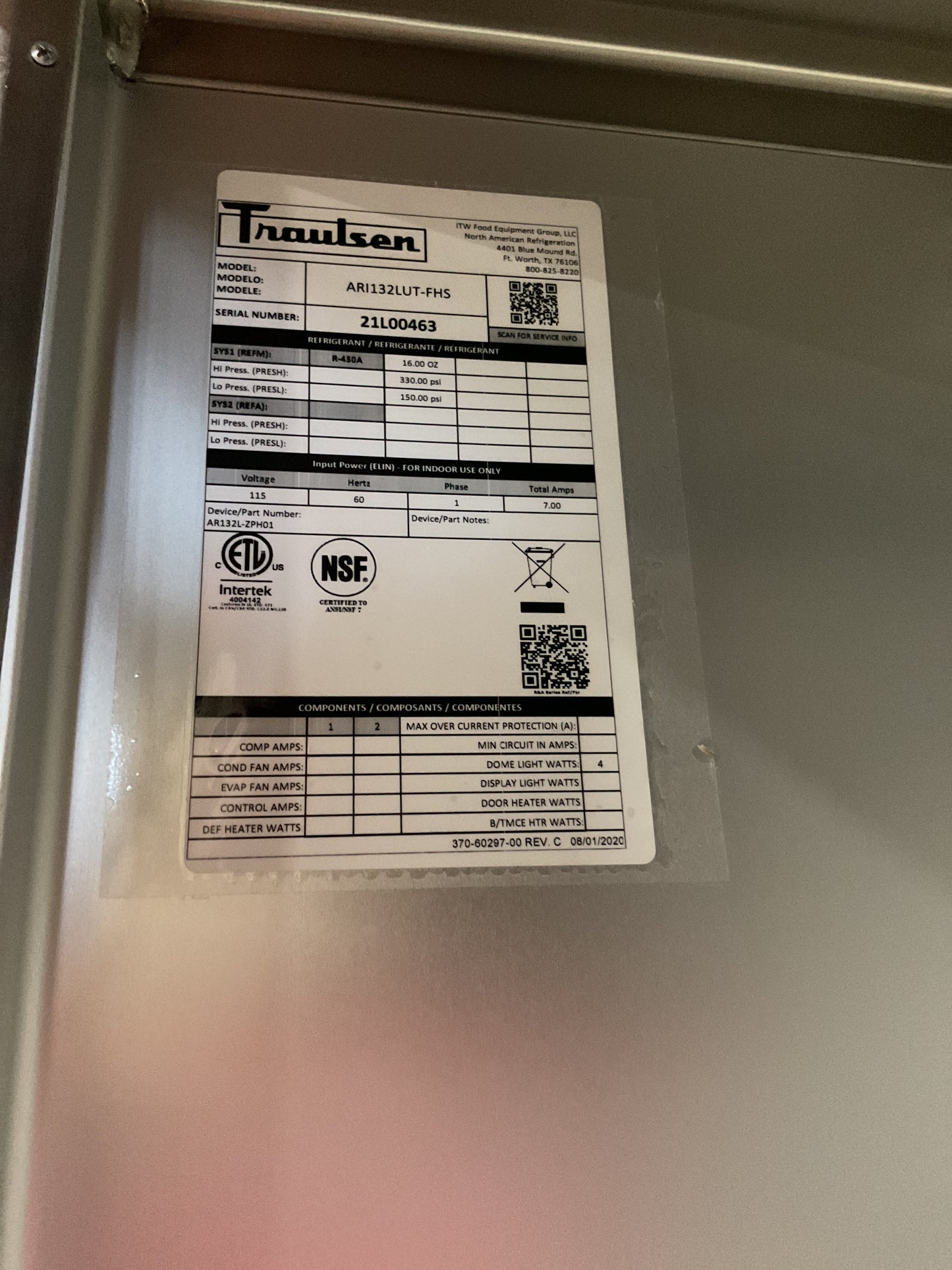 TRAULSEN COMMERCIAL ROLL-IN REFRIGERATOR ARI132LUT-FHS 12V - NEW