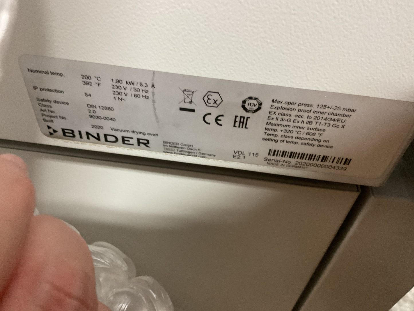 BINDER VACUUM OVEN VDL115 - FOR PARTS