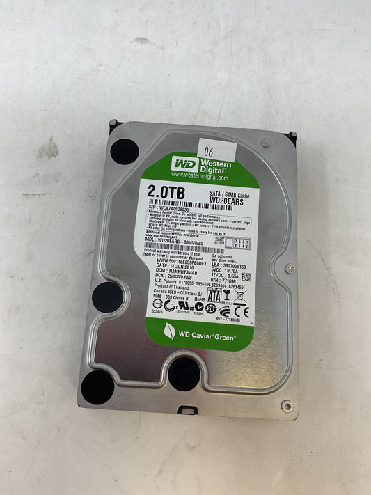 WESTERN DIGITAL HARD DRIVE 2TB WD20EARS SATA CAVIAR GREEN - PREOWNED