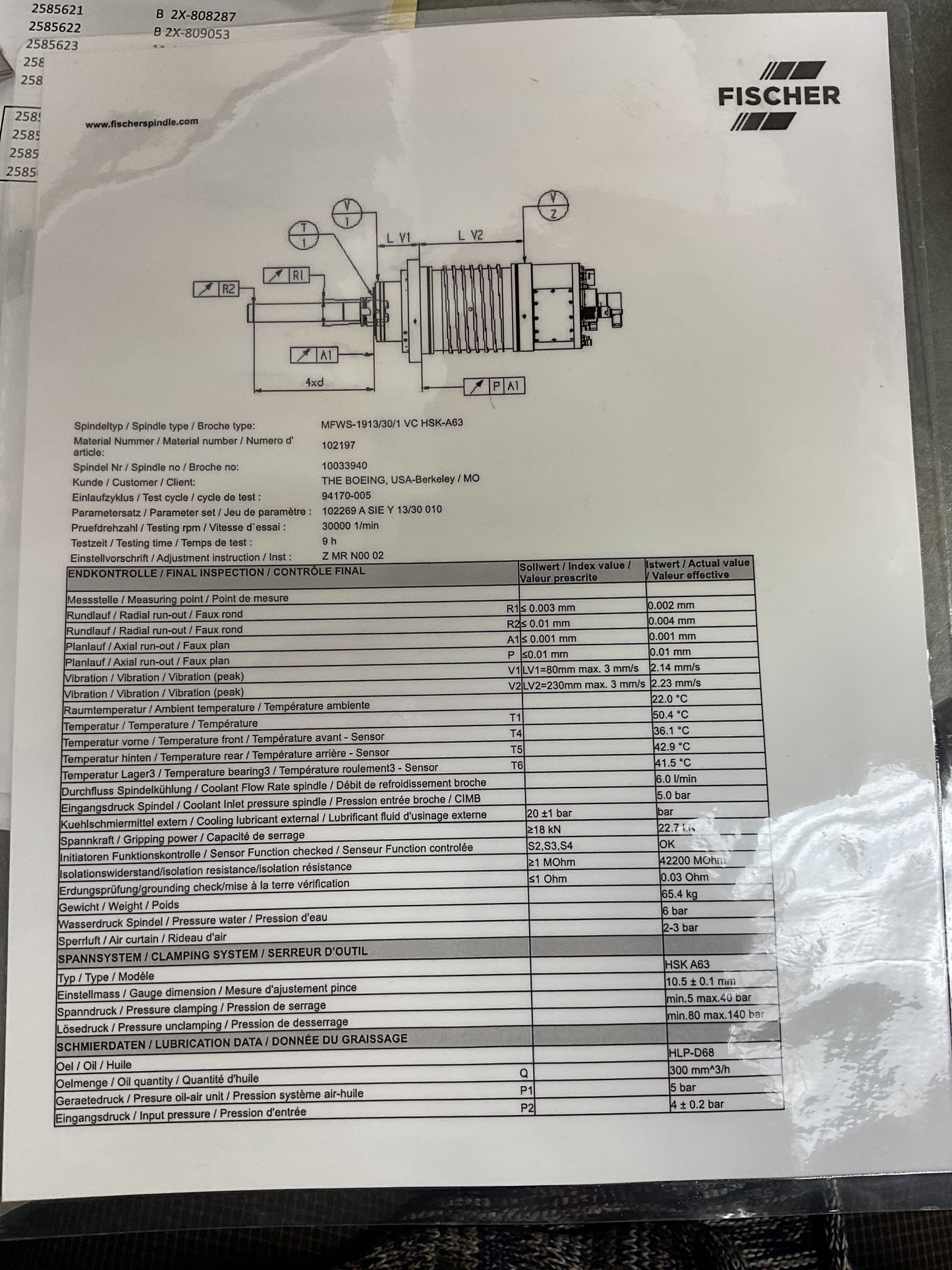 FISHER MILLING SPINDLE MFWS-1913/30/1 VC HSK-A63 -PREOWNED