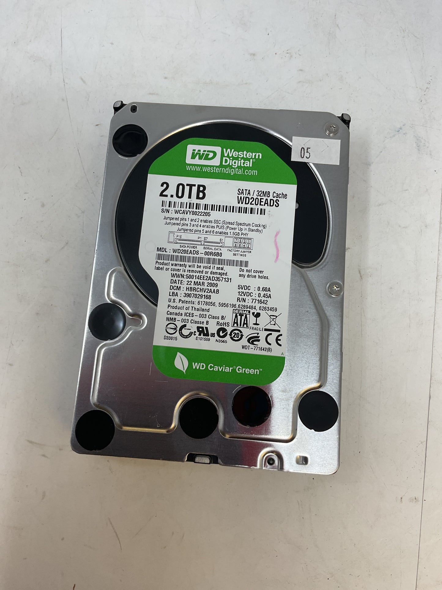 WESTERN DIGITAL HARD DRIVE 2TB WD20EADS SATA CAVIAR GREEN - PREOWNED