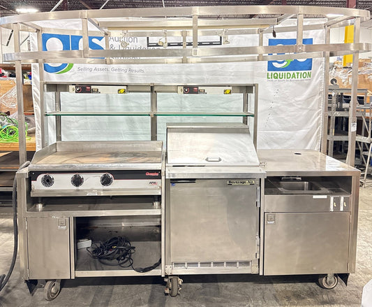 KEVRY PREP TOP MOBILE HOT COLD FOOD COUNTER BUFFET WITH GRIDDLE, LIGHTING - PREOWNED